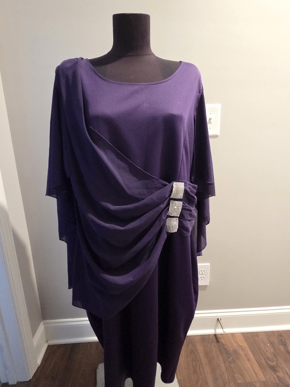R&M Richards Purple Draped Midi Dress with Rhinestone Accent